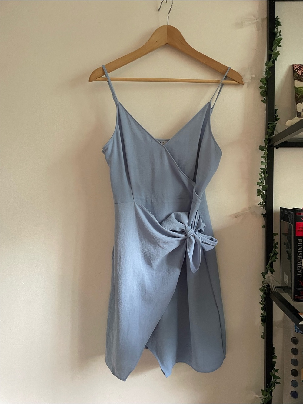 Soft Girl Romantic Minimalist Chic Feminine Blue Wrap Tie-Bow Strap Mini Dress S